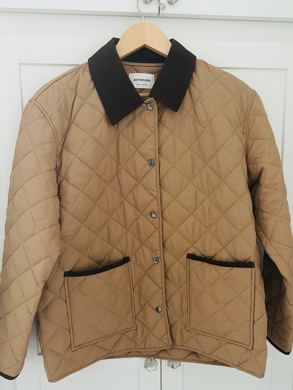 Active USA Quilted Tan Puffer Jacket with Dark Brown Collar